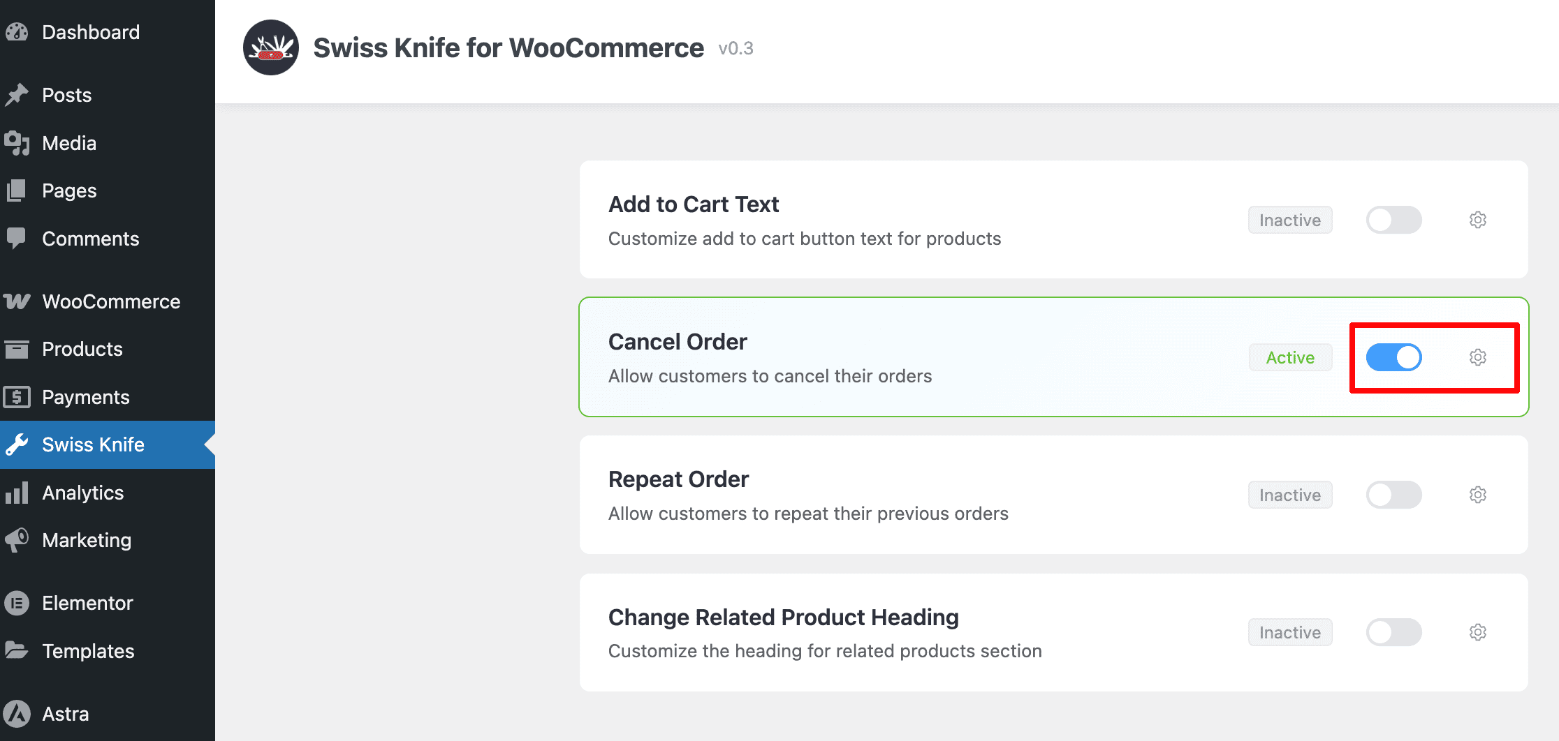 Open Swiss Knife Cancel order Settings