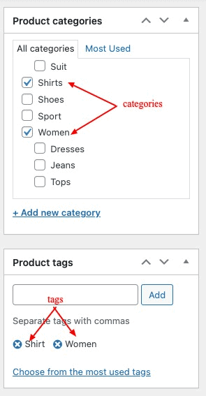 WooCommerce Product Categories and Tags