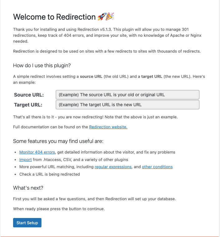 WordPress Redirection settings 