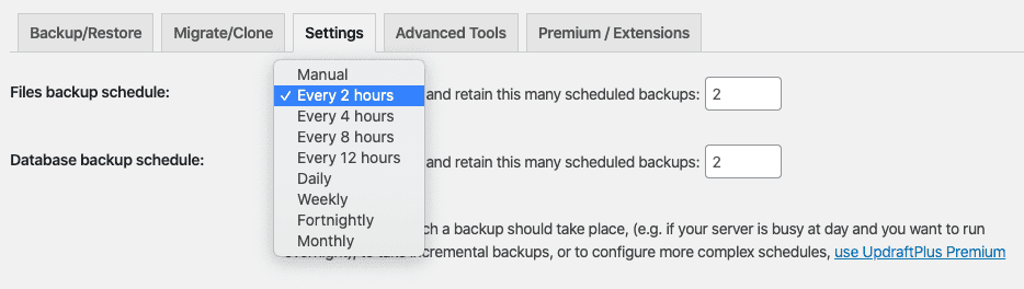 UpdraftPlus Website Backup Settings