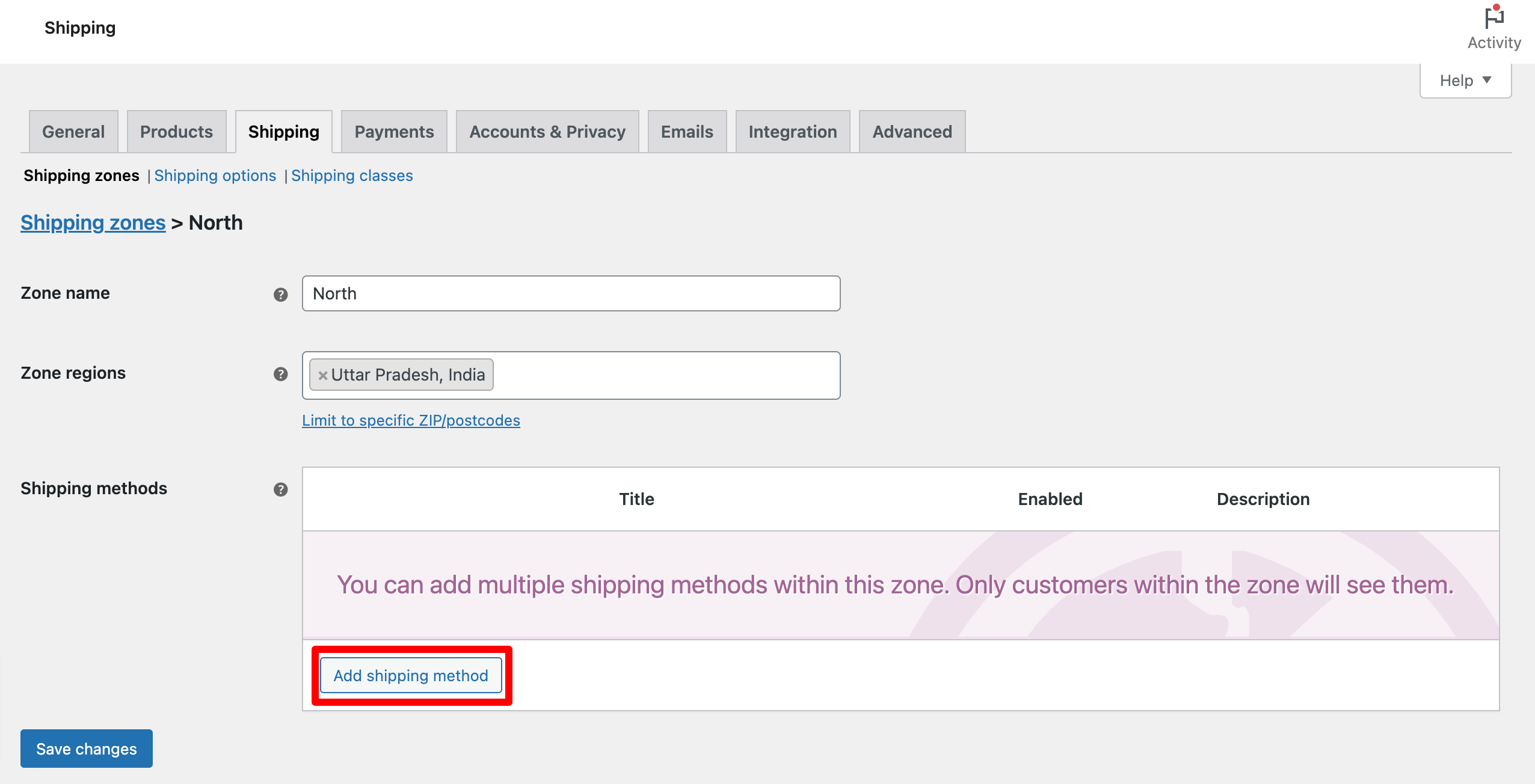 WooCommerce: Add Shipping Method Button