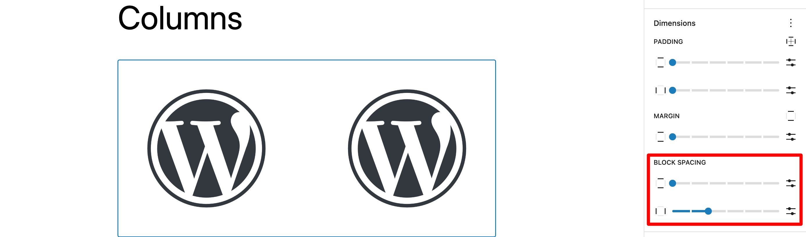 WordPress: Column Block Settings