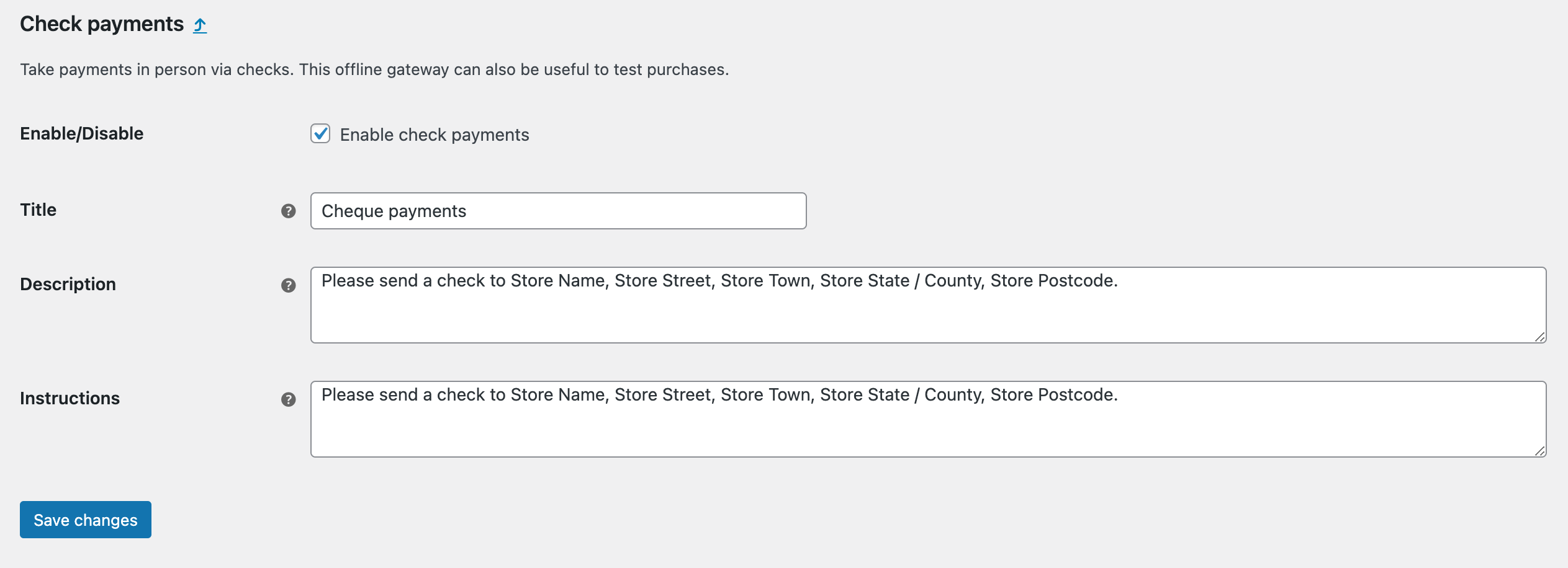 WooCommerce: Cheque Payment Methods Settings