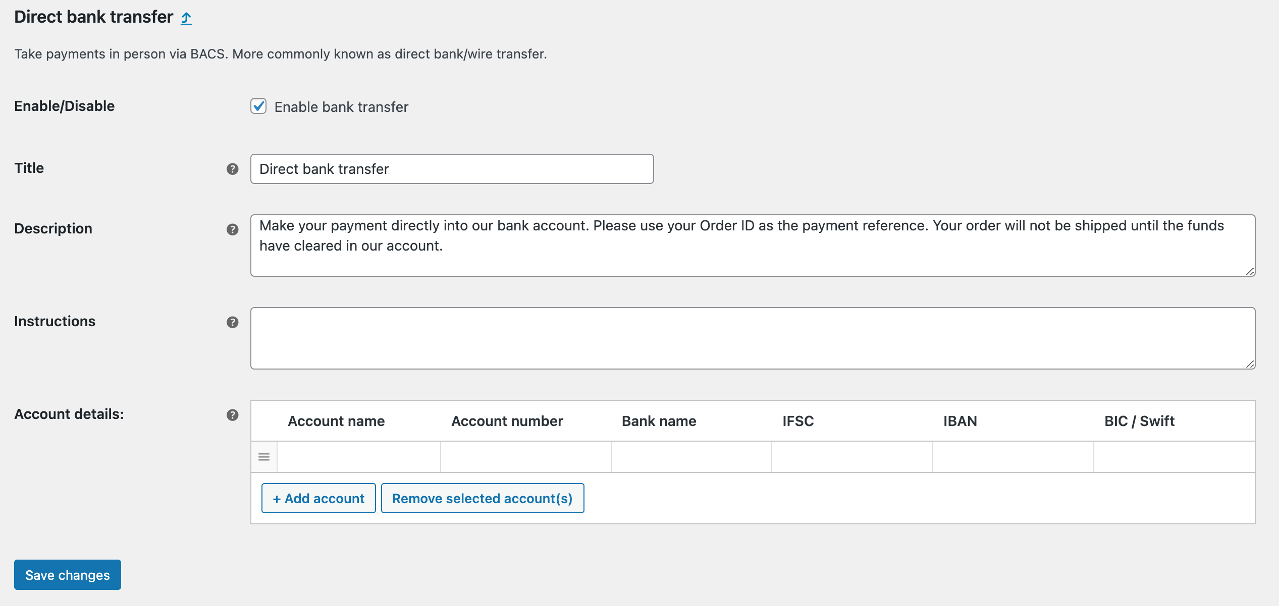 WooCommerce: Direct Bank Transfer Payment Methods Settings