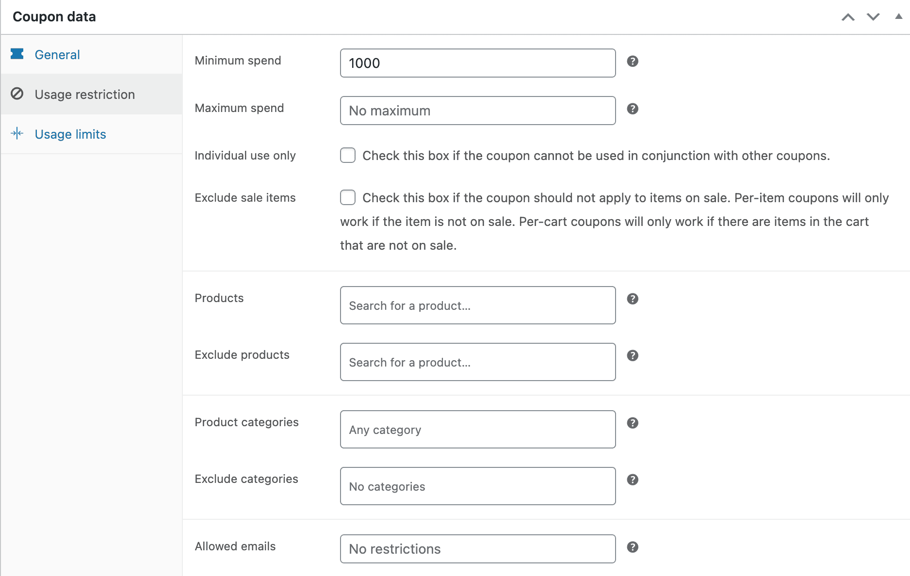 Coupon Code Usage Restriction Settings