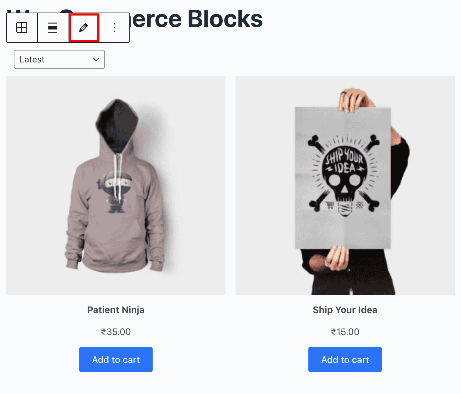 WooCommerce All Product Block: Pencil Icon to Edit Products