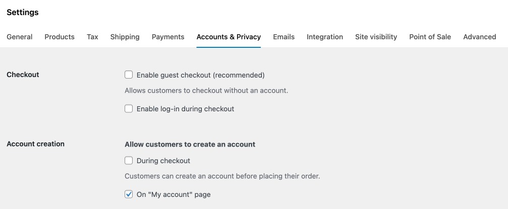 WooCommerce Settings: Account & Privacy