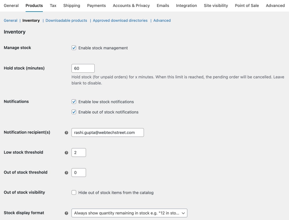 WooCommerce Inventory Settings