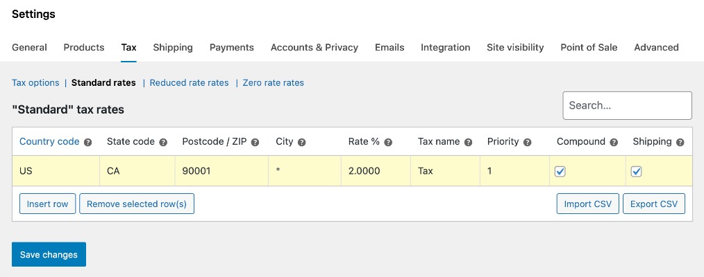 WooCommerce Settings: Set up Standard Tax Rate