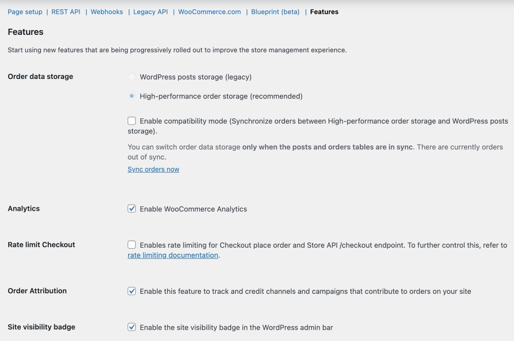 WooCommerce Settings: Features
