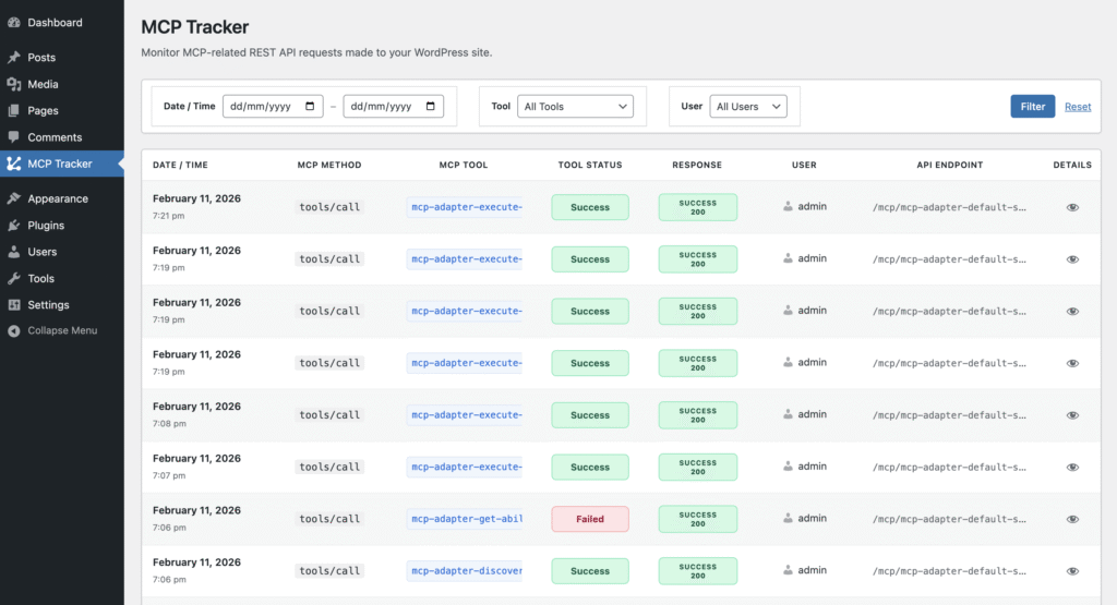 Table showing MCP Request made for Abilities API