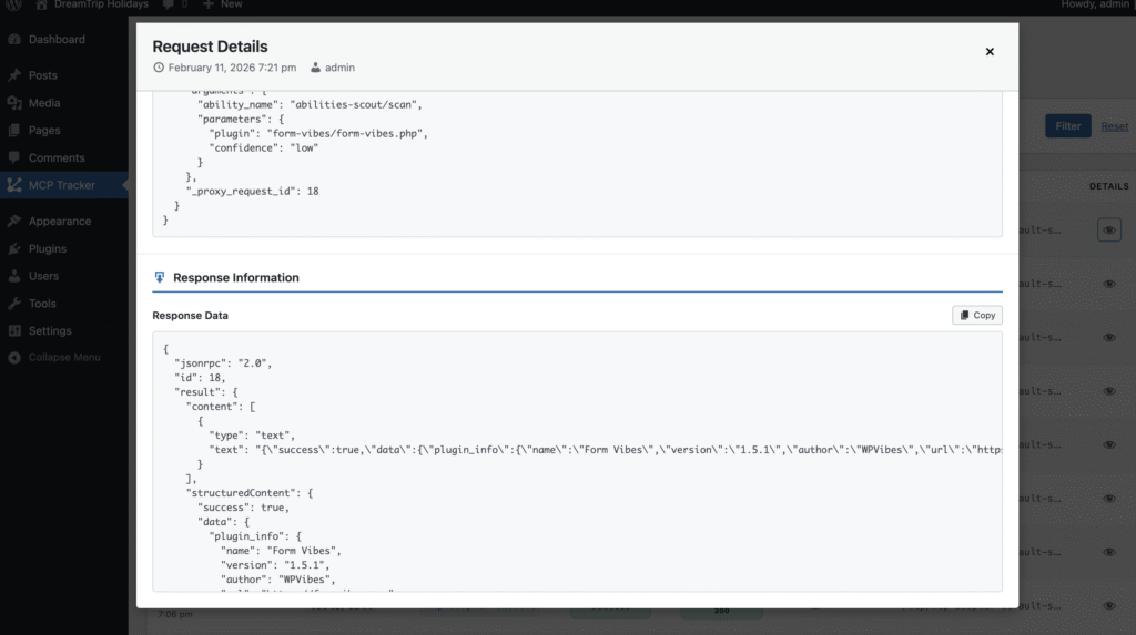 Information about the Response sent by WordPress to MCP Server