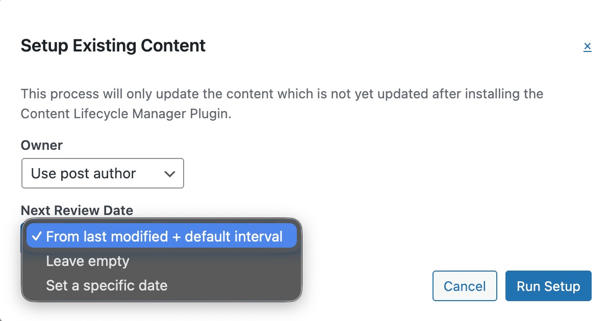 Configure Owner and Next Review Date Settings for Existing Content
