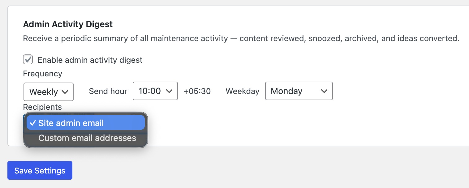 Notification Admin Activity Settings