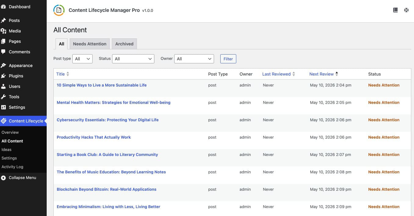 Content Lifecycle Manager All Content Screen