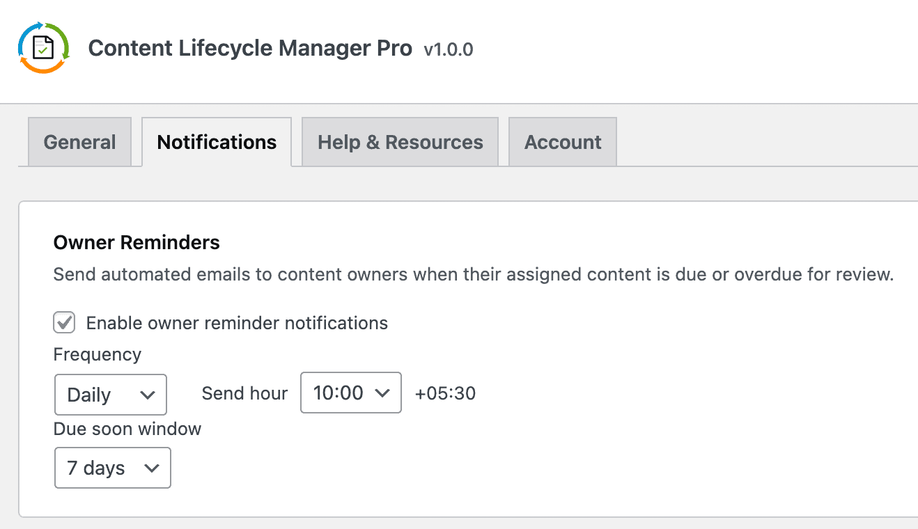 Notification Tab Owner Reminder Settings