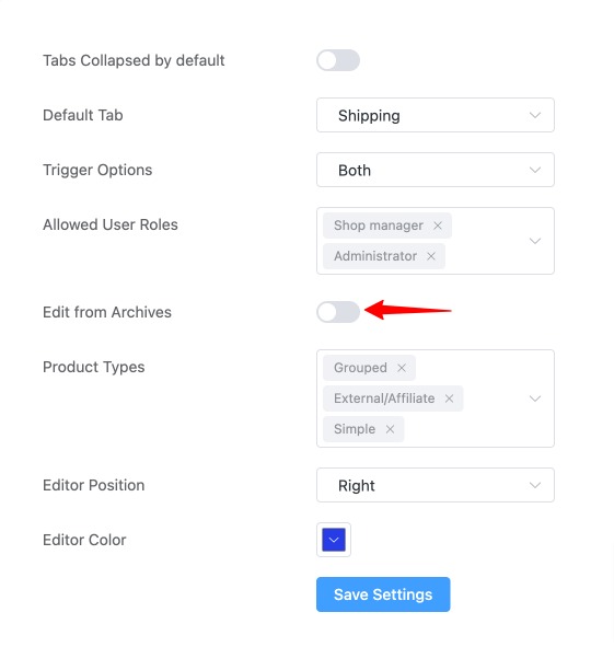 Frontend Product Editor Settings