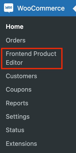 Menu to Open Frontend Product Editor Settings