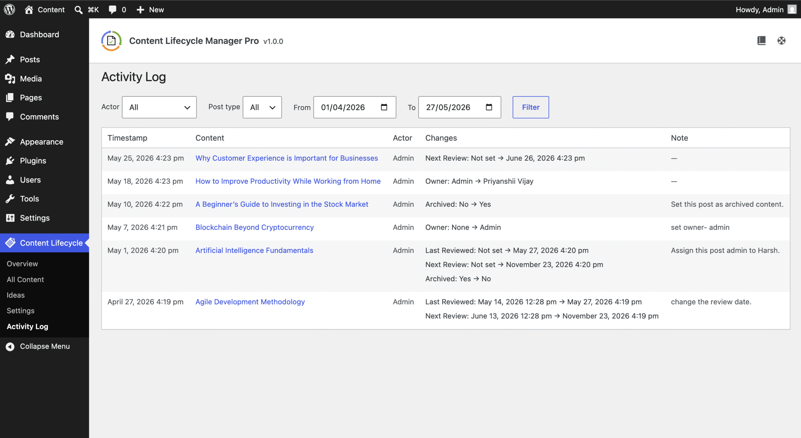 The Activity Log screen shows every maintenance action taken across the site.