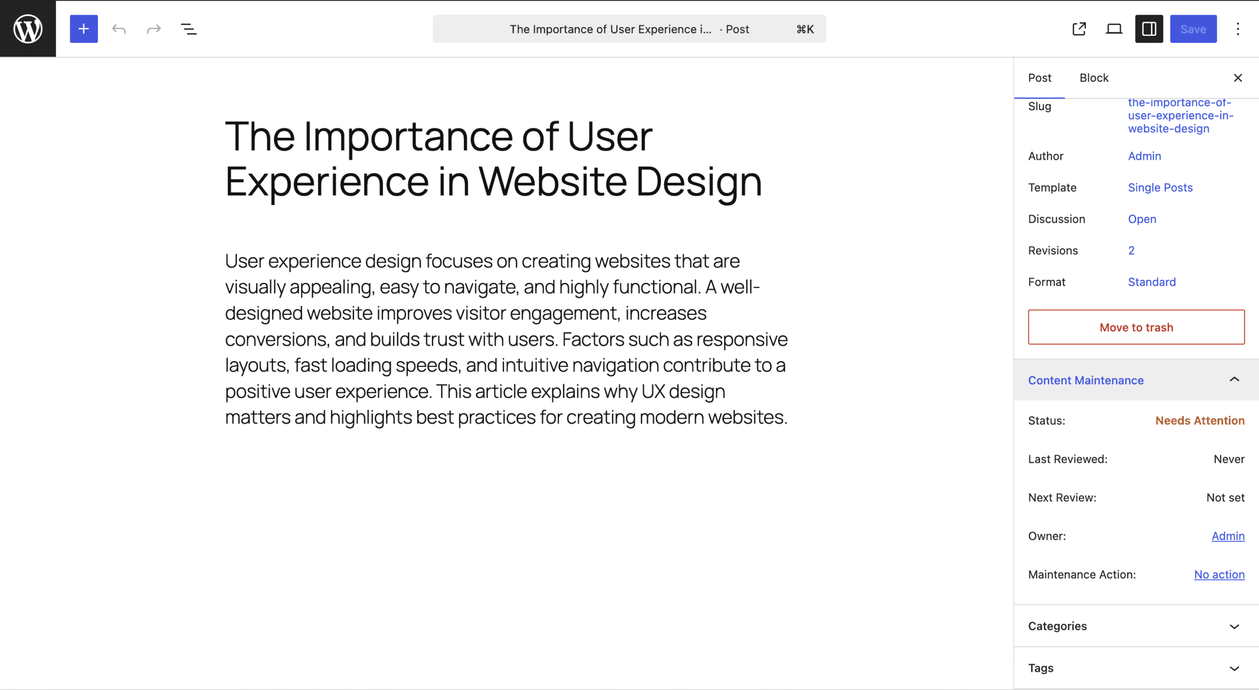 The Content Maintenance panel inside the block editor.
