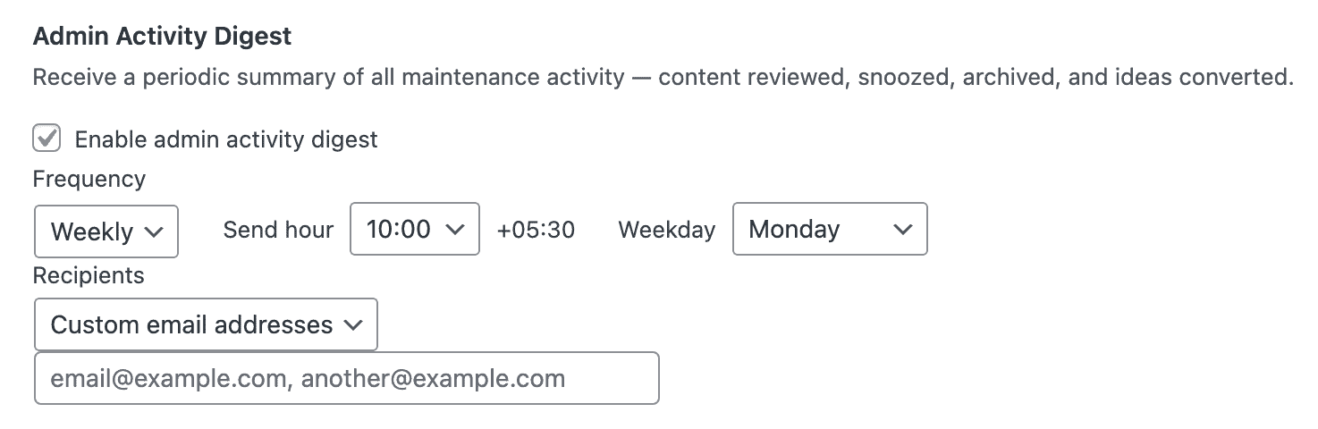 Notification Tab Admin Activity Digest Settings with Custom Email Addresses Selected