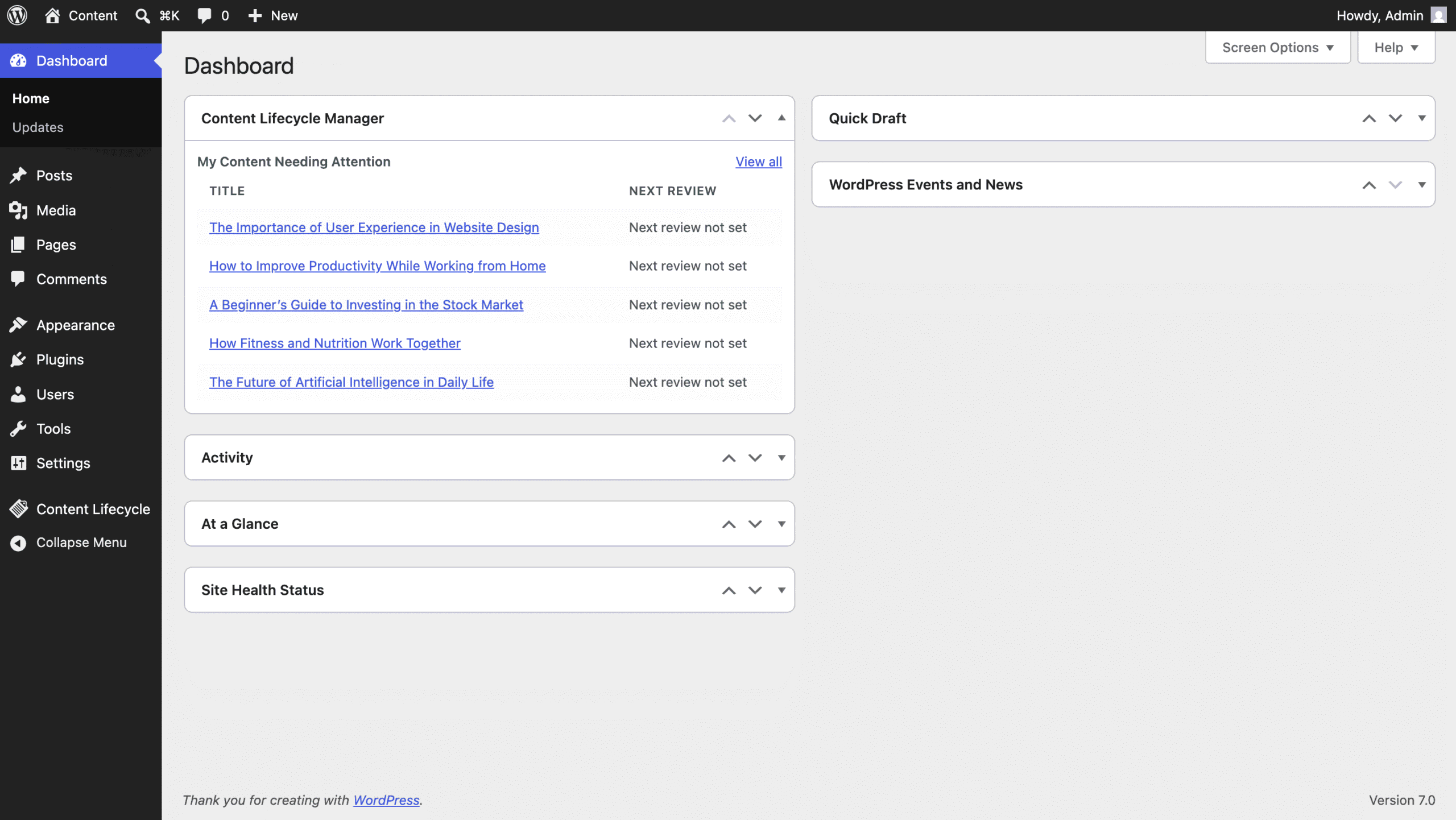 The WordPress dashboard widget gives content owners a daily-visible attention queue.
