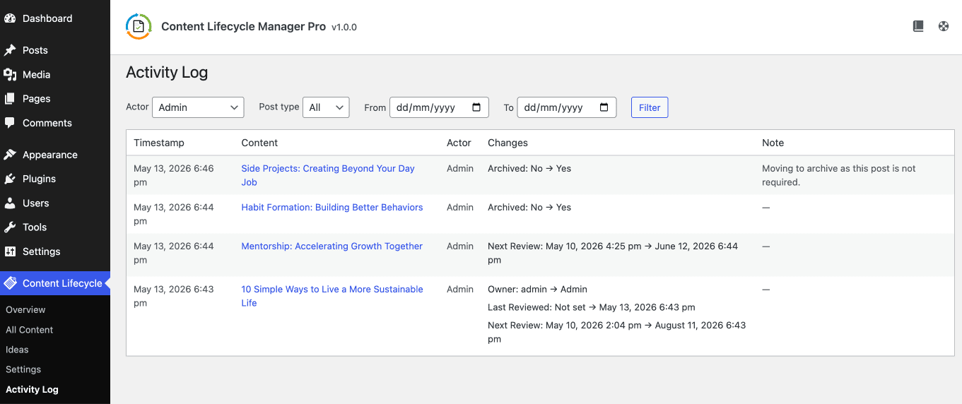 Content Lifecycle Manager Activity Log