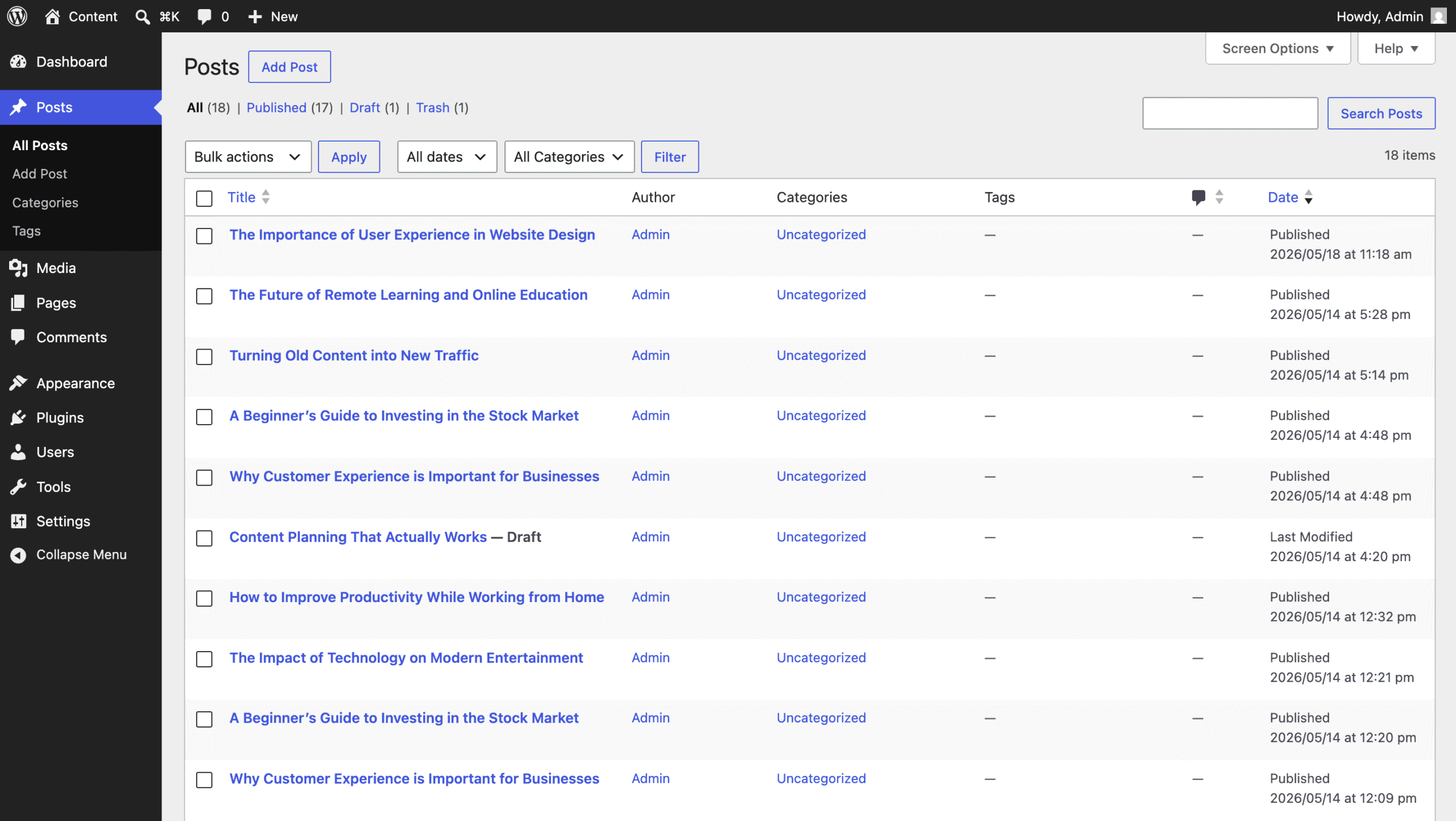 The default WordPress post list. Nothing here tells you whether a post is still accurate.