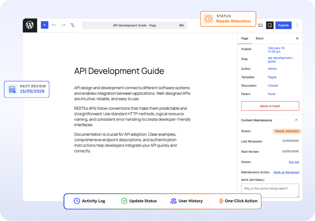 Content Lifecycle Manager editor view with activity log, review status, and content maintenance actions