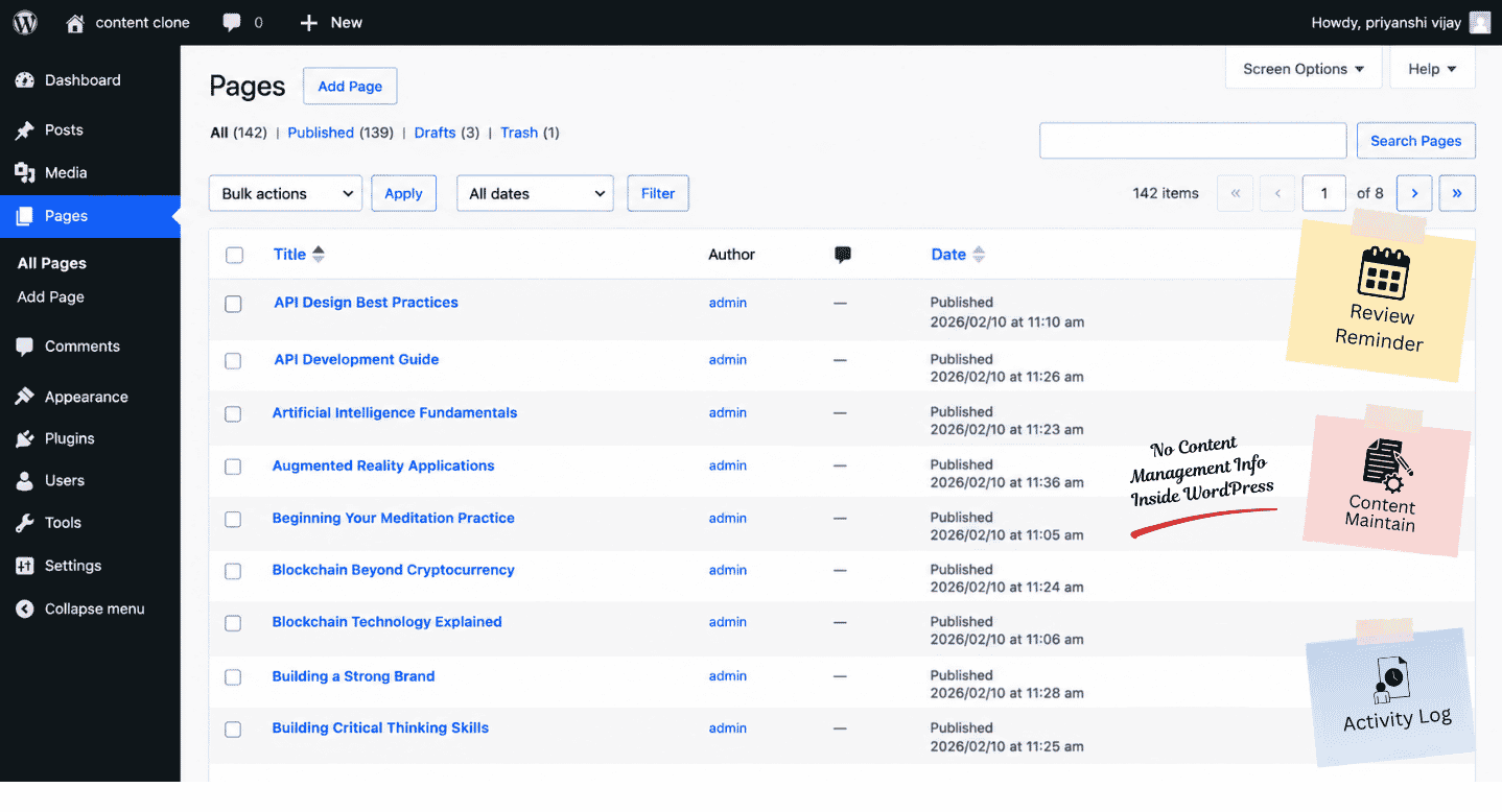 WordPress All Posts screen showing default post management columns.