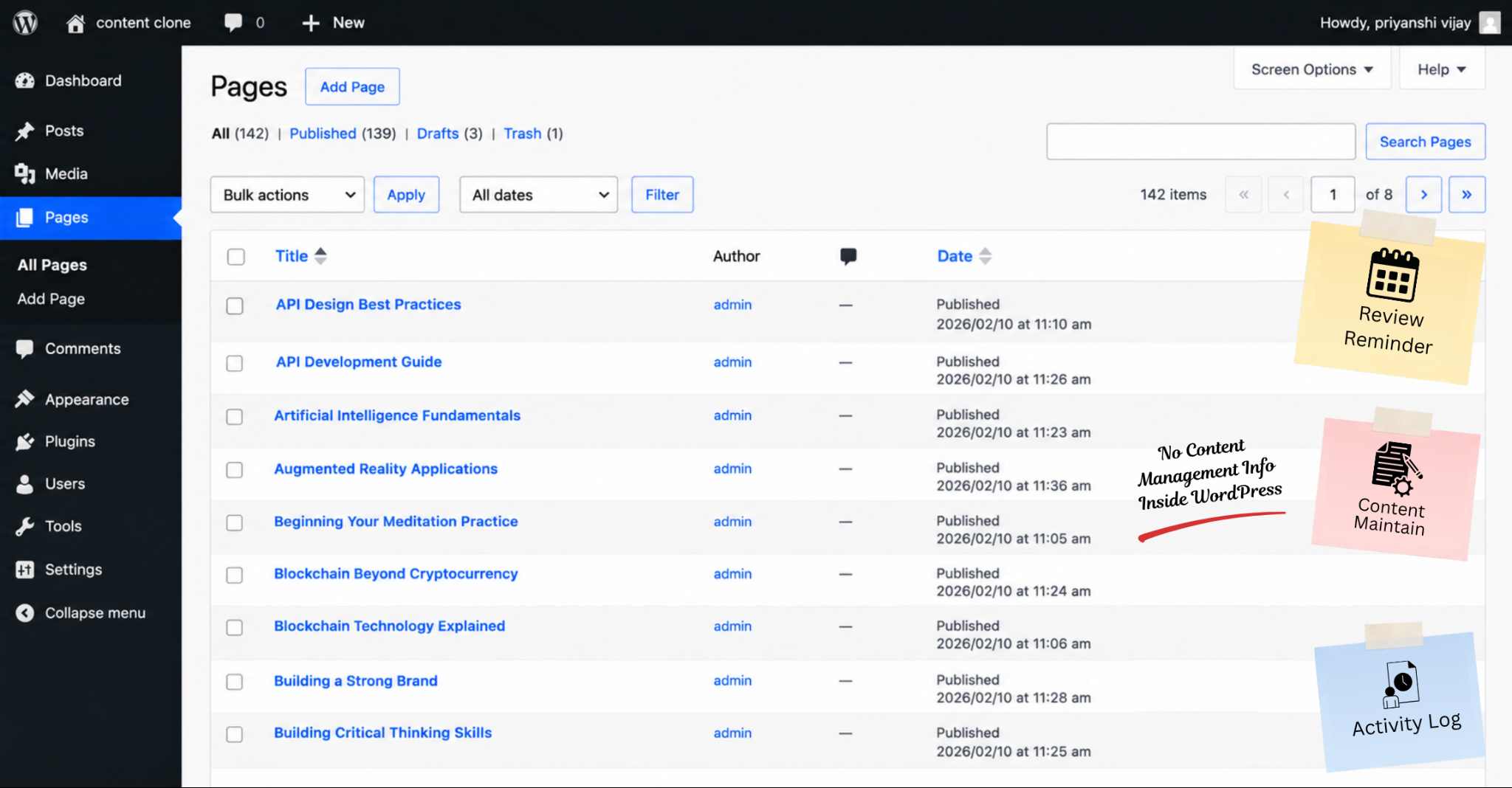 WordPress All Posts screen showing default post management columns.