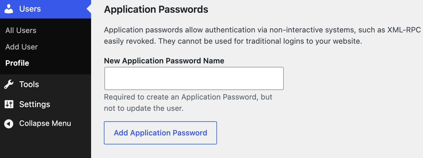 Generate Application Password in WordPress