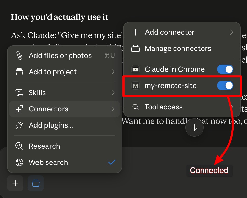 Claude Desktop's tools menu showing the connected WordPress MCP server