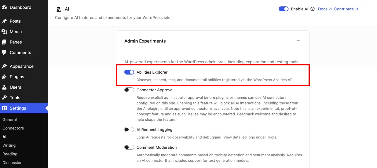 Enable Abilities Explorer Option in AI Plugin in WordPress