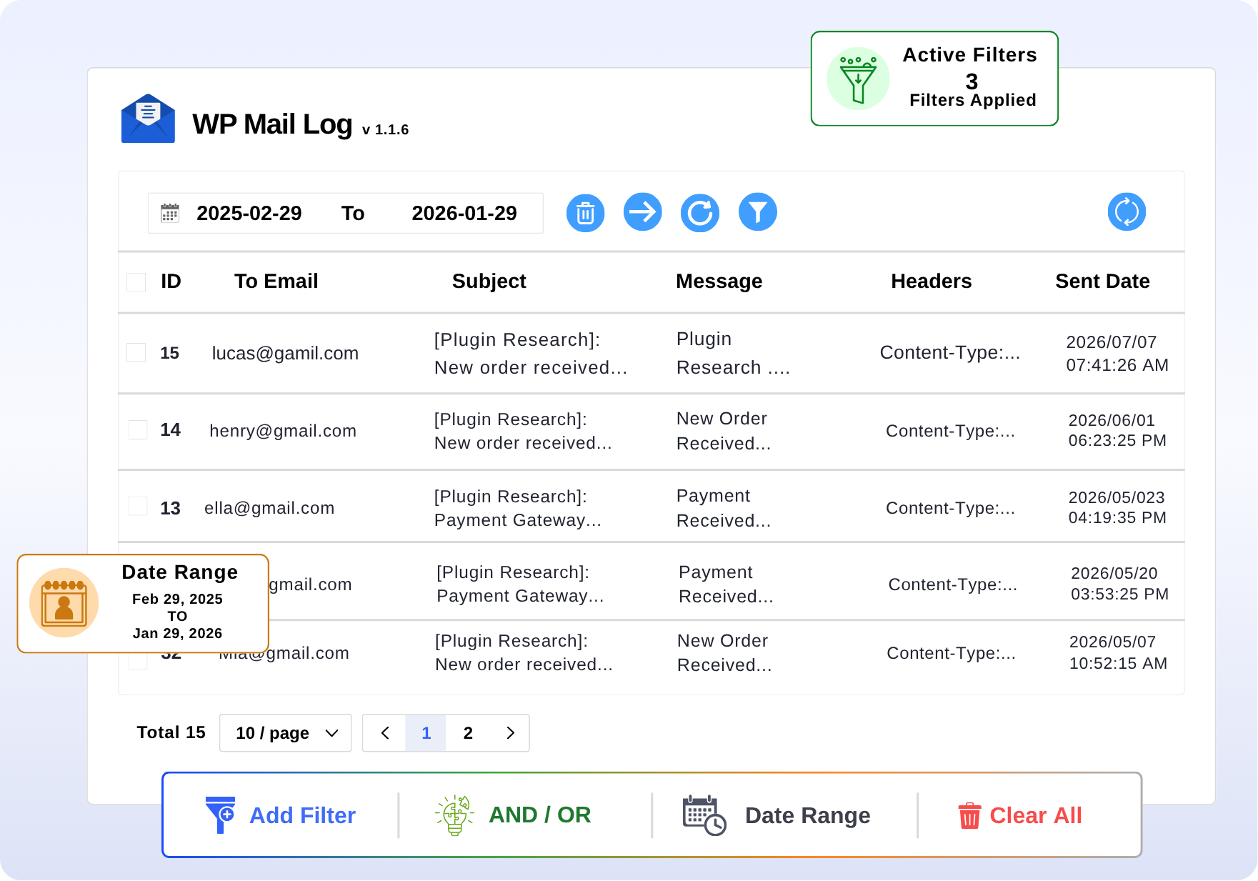 WP Mail Log advanced search with filters, date range, and AND/OR logic.