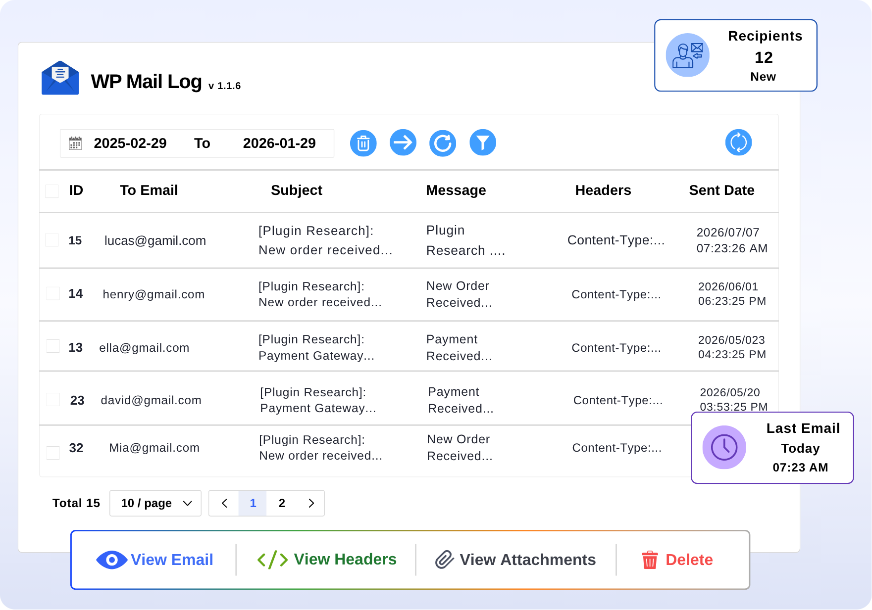 WP Mail Log dashboard showing logged emails and quick email actions