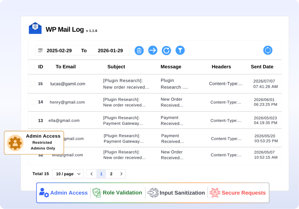 WP Mail Log dashboard with secure admin-only access and protected email logs.