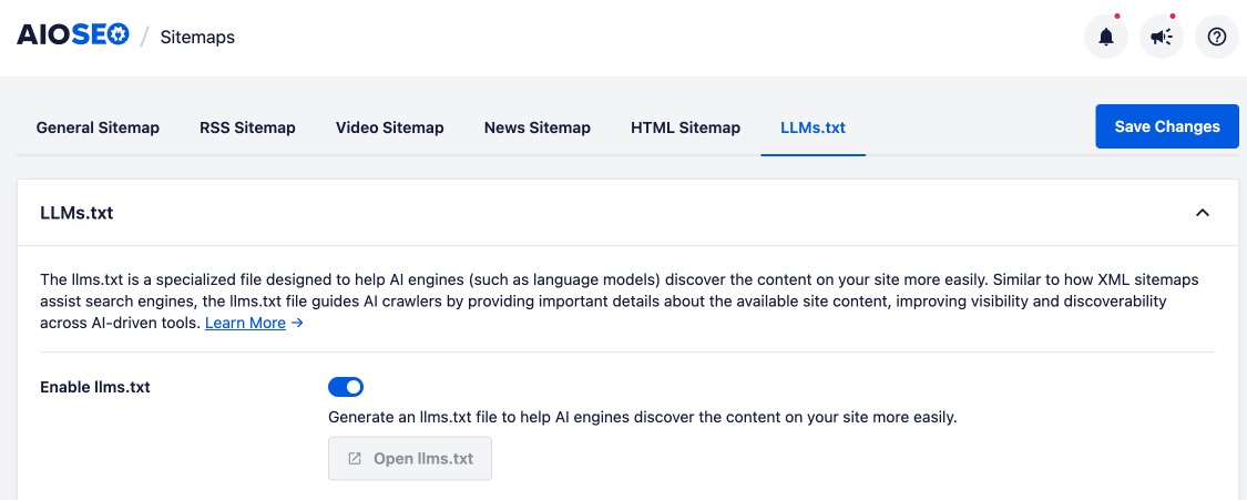 Enable llms.txt in AIOSEO Plugin for WordPress