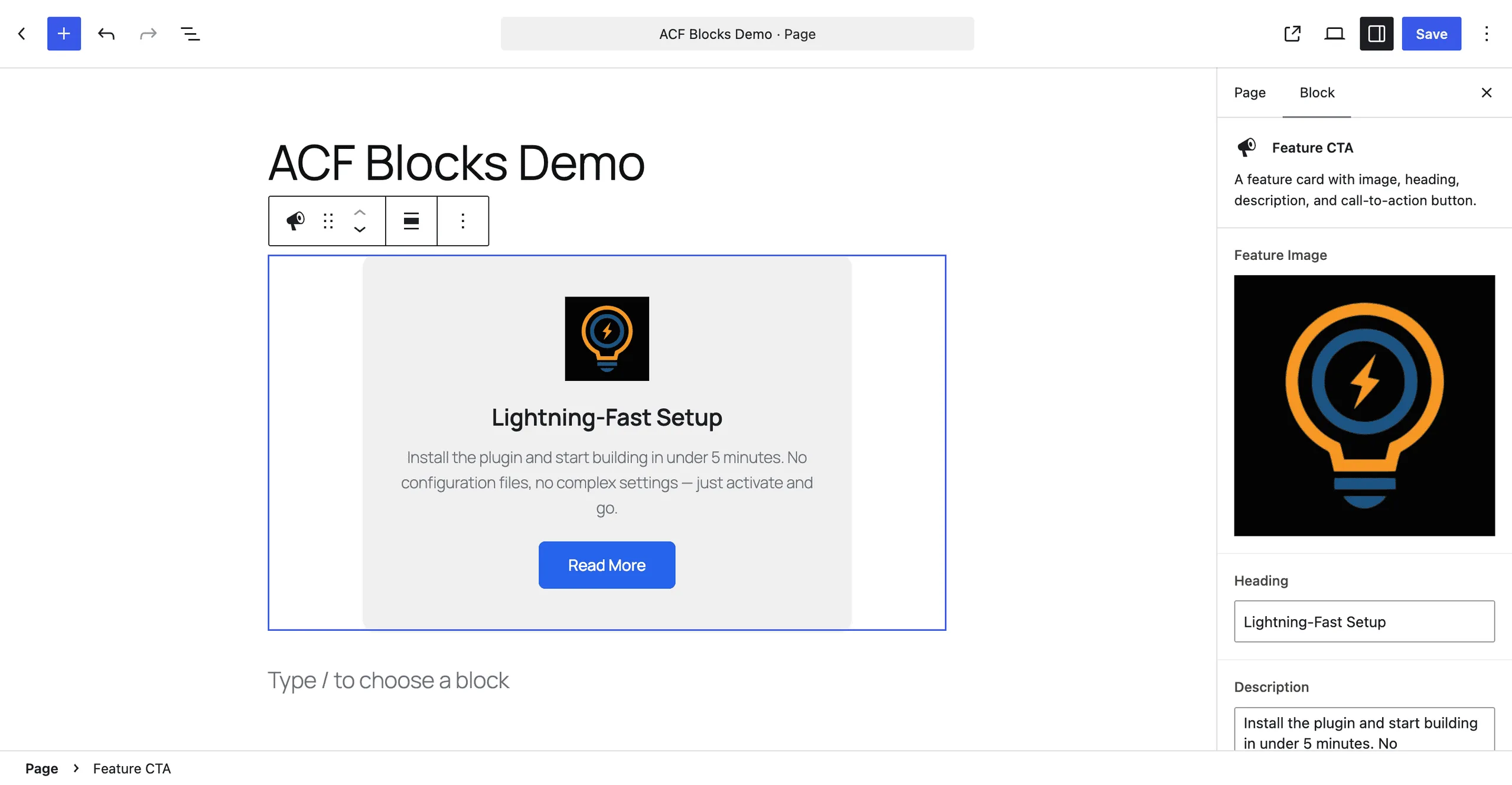 Feature CTA block filled in the editor