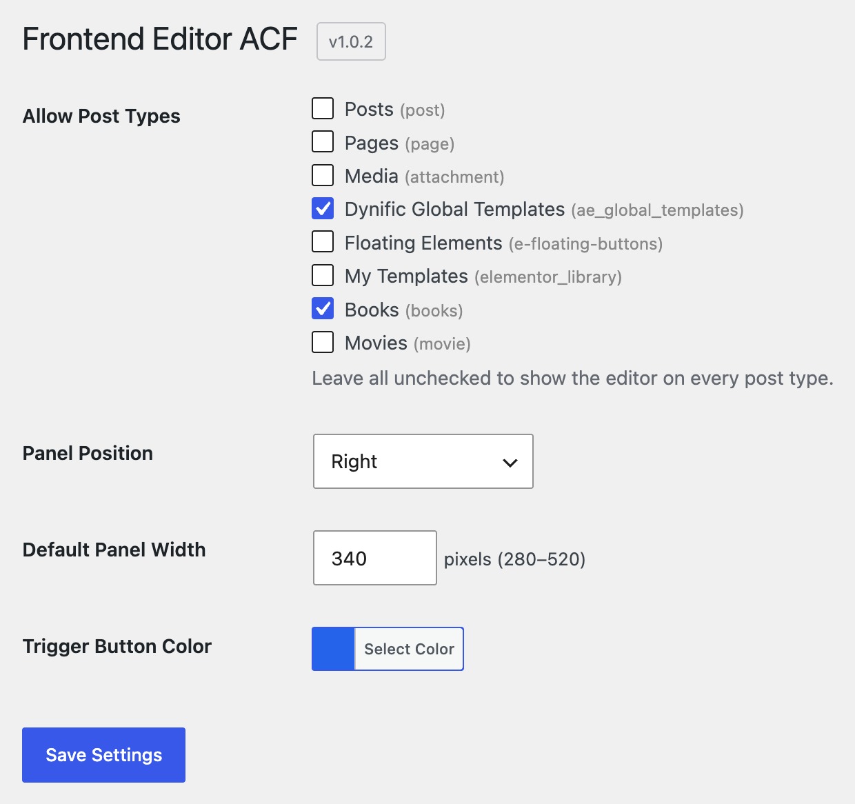 Frontend Editor ACF Plugin Settings