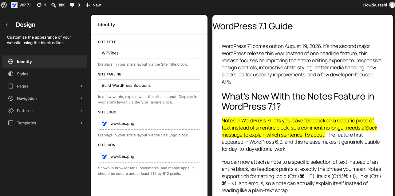 Site Editor Showing New Identity Section