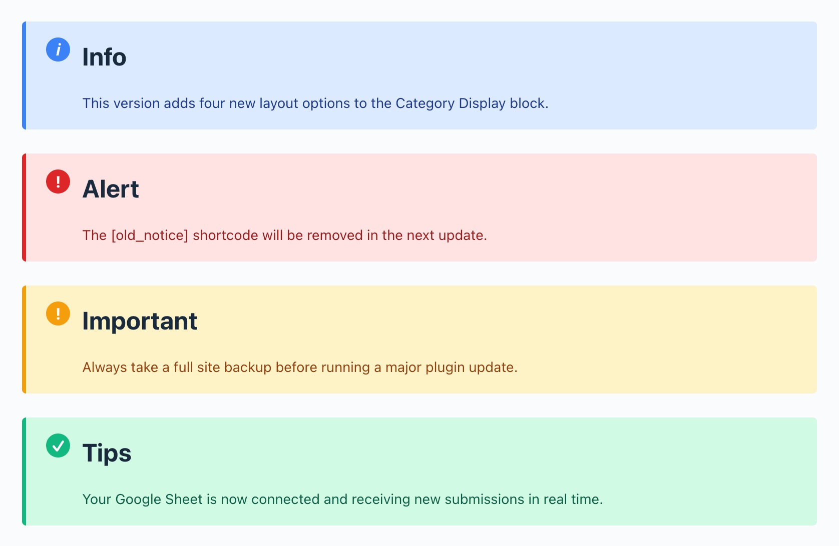 All four Notice skins created with php stacked on the frontend