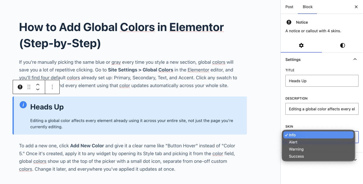 Notice block in the editor with sidebar controls visible