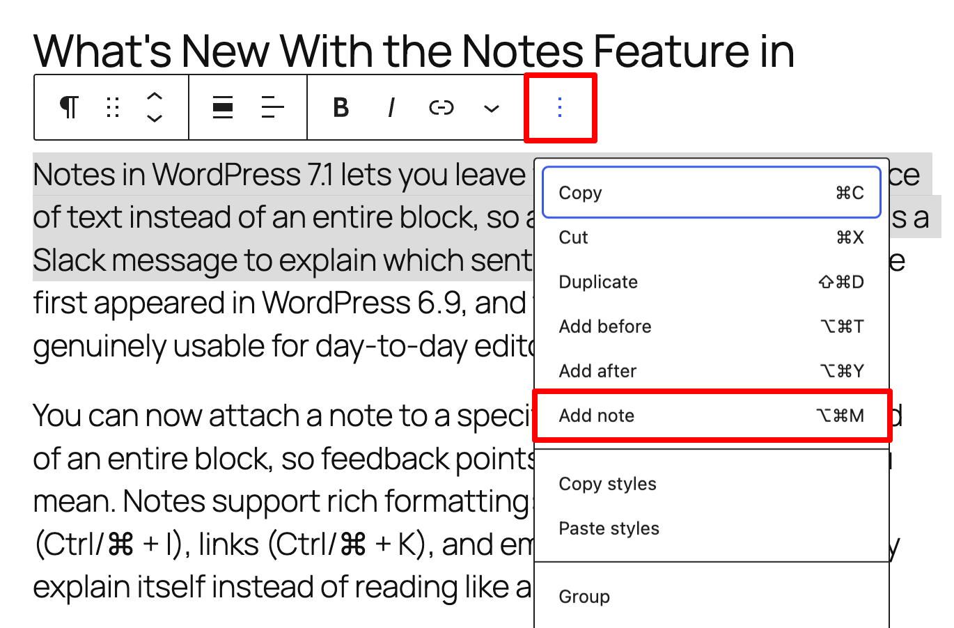 Open Setting to Add a Note in WordPress