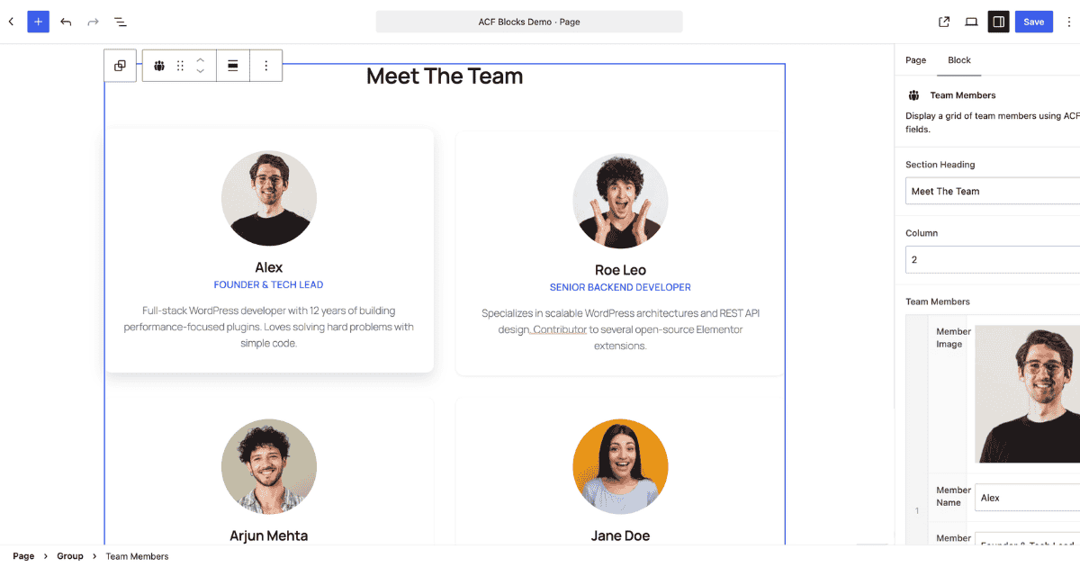 Team Members block in the editor with 4 members and column selector visible